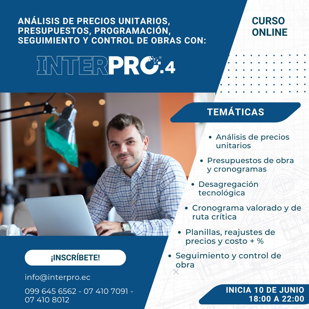 InterPro_Ec's tweet image. ¡Prepárate para el primer curso de InterPro 4! 🚀
A partir del 10 de junio, aprende sobre análisis de precios unitarios, presupuestos, cronogramas y más. Domina las nuevas funcionalidades y mejoras de InterPro 4.
✨ Detalles y precios en: interpro.ec/evento/curso-o…