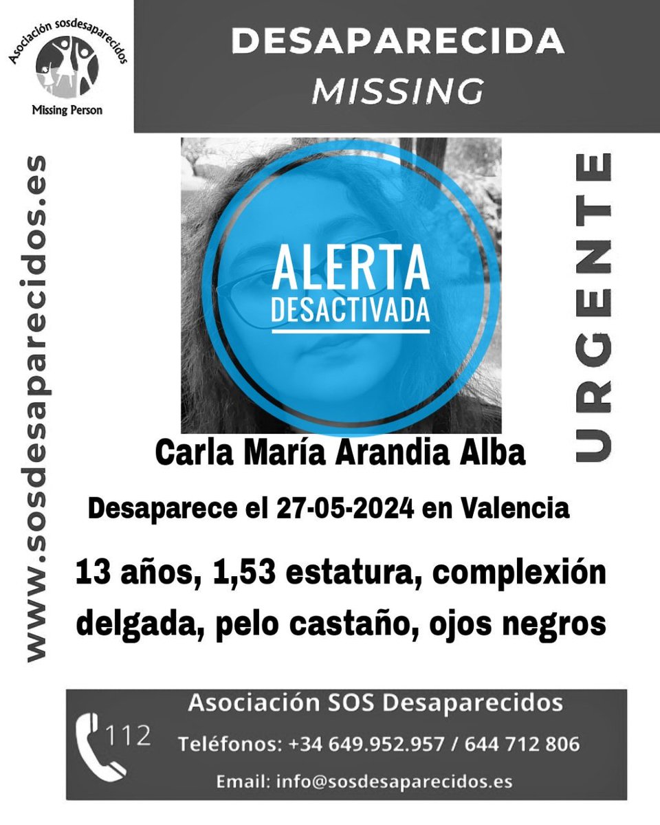🔕 DESACTIVADA #sosdesaparecidos #Desaparecido #Missing #España #Valencia Fuente: sosdesaparecidos Síguenos @sosdesaparecido