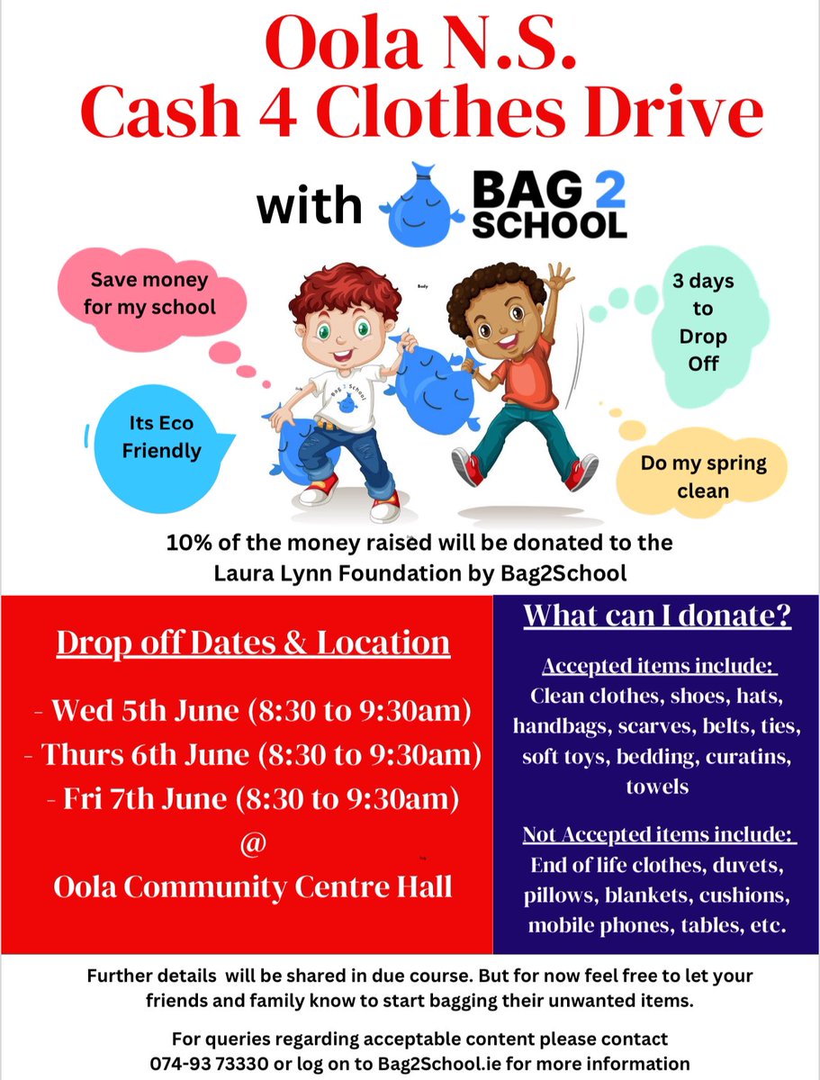 Quick reminder to anyone keen to do a spring clean and get rid of some unwanted clothes over the bank holiday.

Oola N.S. is doing a clothes collection on 7th June. All bags greatly appreciated.

Please share,share,share!!!!