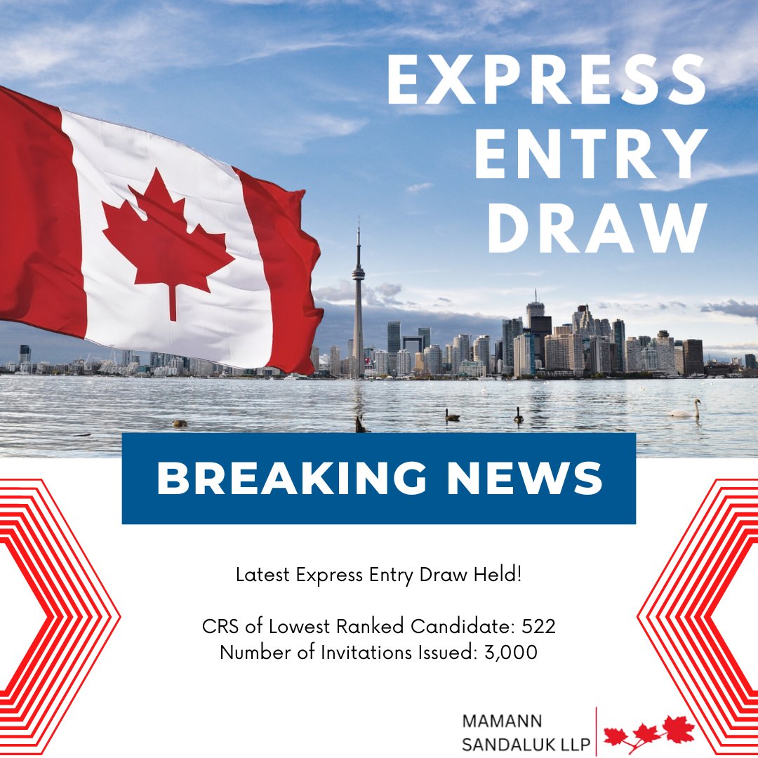 MSKImmigration's tweet image. Today @CitImmCanada held the latest CEC draw for #expressentry and issued 3,000 invitations. The lowest #CRS score was 522. Congratulations to all who received an ITA! If you are interested in applying for Express Entry, please contact us at 416-862-0000. #canadaimmigration
