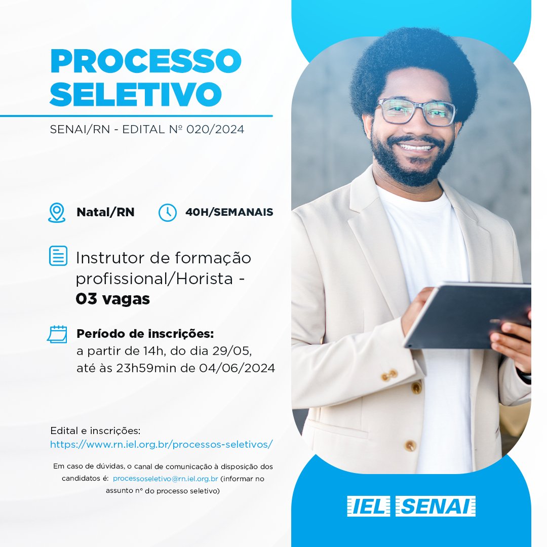 IELRNinforma's tweet photo. 📣Processo seletivo #SENAI/RN - Edital Nº 020/2024
 
3 vagas para #Instrutor de Formação Profissional/Horista - 40h/semanais

⏰ Inscrições até às 23h59 de 04/06/2024.

Edital e inscrições no site: https://t.co/4sTklbVSPS 📝

Dúvidas pelo e-mail: processoseletivo@rn.iel.org.br https://t.co/3TnXdcIFCT