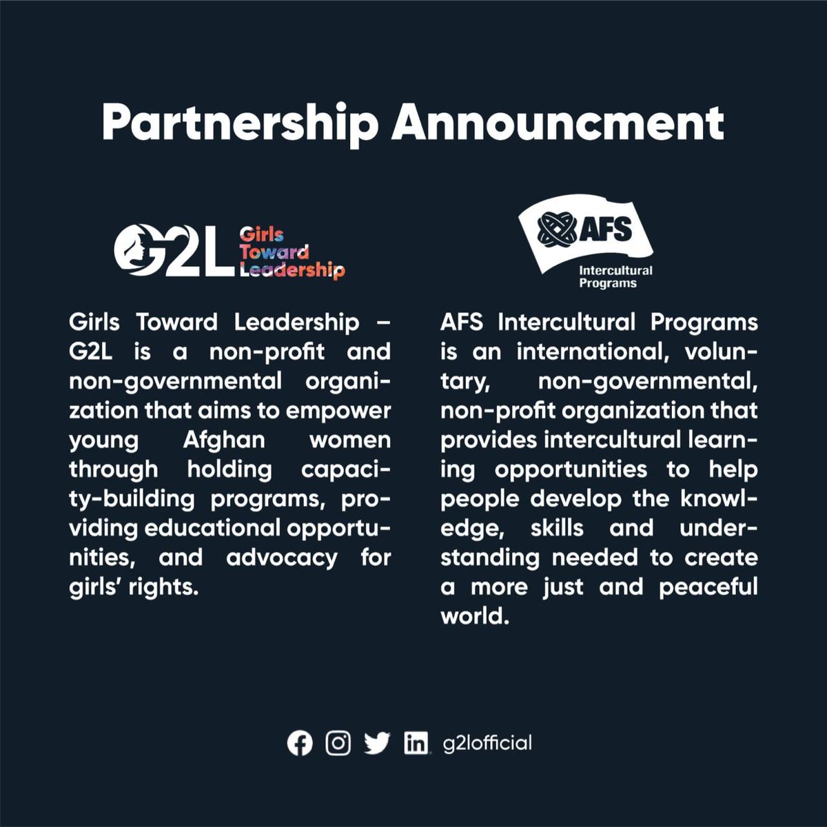 G2L is excited to announce a transformative partnership with AFS, dedicated to empowering girls in Afghanistan. This collaboration marks a significant step toward gender equality and capacity building. Stay tuned for the upcoming application details for Afghan girls to join!