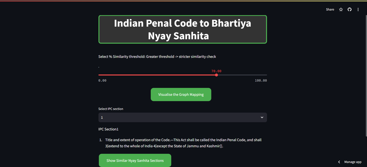 1st July, Indian Judiciary will overhaul the colonial-era IPC. I mapped old IPC sections to the new Bhartiya Nyay Sanhita using sentence-transformers embeddings and cosine similarity, visualized via a Bipartite Graph. Feedback from legal experts welcome!
…-pvkgjyydo3iahrucb2eutf.streamlit.app
