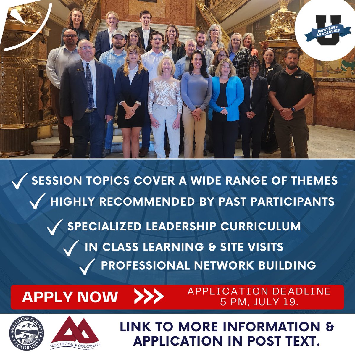 Just a few days left to submit your application to participate in the 2024/25 cohort of Montrose U! Don't miss this unique opportunity to learn about your community! Applications are due July 19,  5pm.
Find out more &amp; apply: CityofMontrose.org/Leadership