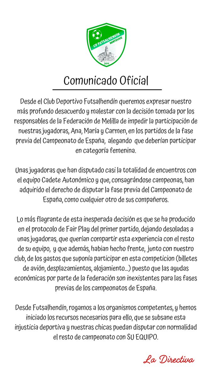 FUTSALHENDIN (@futsalhendin) on Twitter photo Comunicado Oficial al respecto de la no participación de las Hermanas Maldonado en la Fase Previa del Campeonato de España Cadete.
<a href="/RFAF/">RFAF</a> <a href="/Ayto_Alhendin/">AyuntamientoAlhendín</a> <a href="/RFAFGranada/">RFAF - Delegación de Granada</a> <a href="/FutSalRFEF/">Futsal RFEF</a> <a href="/rfef/">RFEF</a> <a href="/Futsalsur/">Futsalsur</a> <a href="/ideal_granada/">ideal_granada</a> <a href="/rmarcagranada/">Radio Marca Granada</a> <a href="/granadahoy/">Granada Hoy</a> <a href="/granadaenjuego/">GranadaEnJuego.com</a> <a href="/DeportesGD/">Deportes GranadaDigital</a> Comunicado Oficial al respecto de la no participación de las Hermanas Maldonado en la Fase Previa del Campeonato de España Cadete.
<a href="/RFAF/">RFAF</a> <a href="/Ayto_Alhendin/">AyuntamientoAlhendín</a> <a href="/RFAFGranada/">RFAF - Delegación de Granada</a> <a href="/FutSalRFEF/">Futsal RFEF</a> <a href="/rfef/">RFEF</a> <a href="/Futsalsur/">Futsalsur</a> <a href="/ideal_granada/">ideal_granada</a> <a href="/rmarcagranada/">Radio Marca Granada</a> <a href="/granadahoy/">Granada Hoy</a> <a href="/granadaenjuego/">GranadaEnJuego.com</a> <a href="/DeportesGD/">Deportes GranadaDigital</a>