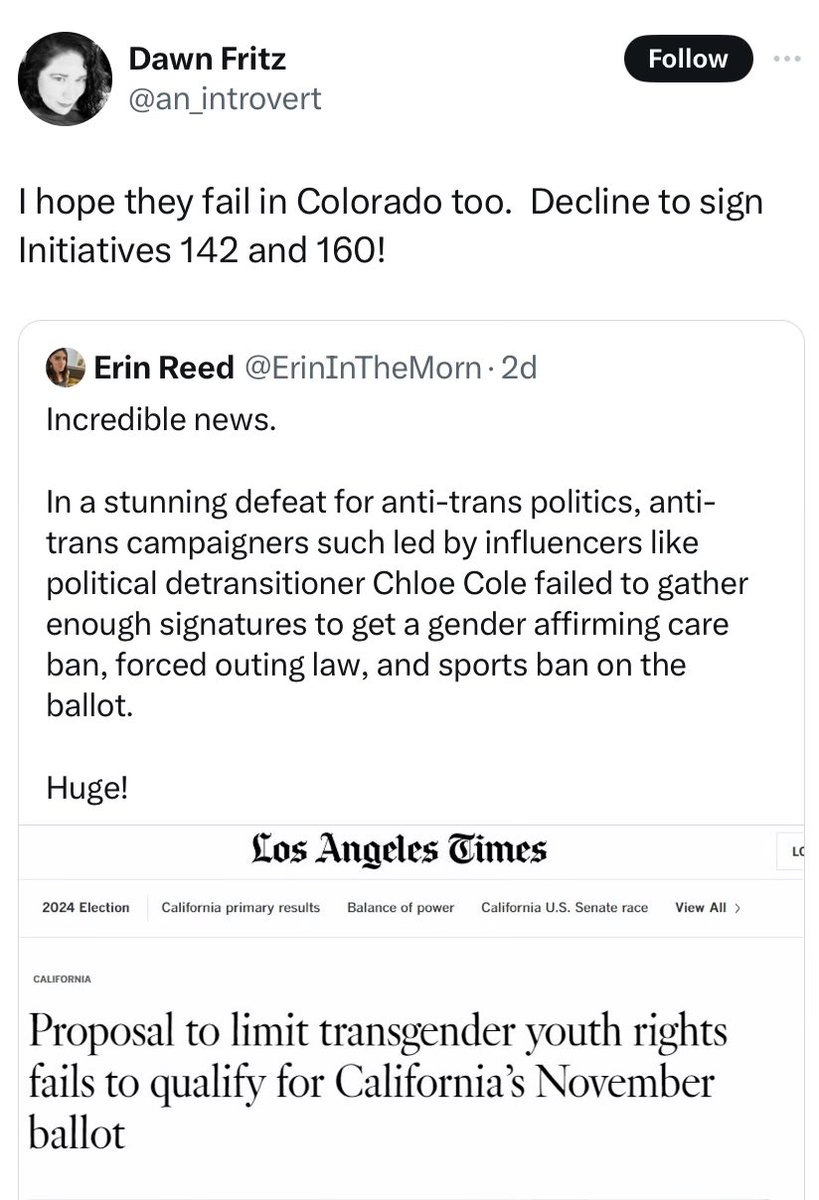 The head of the legislative committee @ColoradoPTA @an_introvert is against protecting girls sports and ensuring parents are notified if THEIR child is showing signs of transitioning. How long before we stop these people from imposing their agenda on our kids?