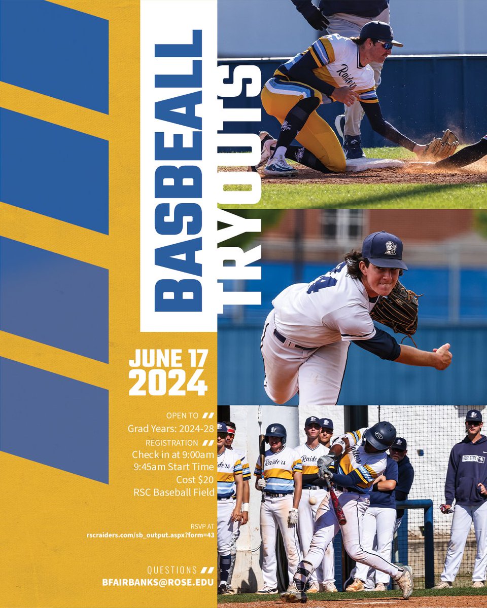 Rose State Raiders (@rscraiders) on Twitter photo ⚾️| 𝐈𝐧𝐭𝐞𝐫𝐞𝐬𝐭𝐞𝐝 𝐢𝐧 𝐑𝐚𝐢𝐝𝐞𝐫 𝐁𝐚𝐬𝐞𝐛𝐚𝐥𝐥??
Now is your time to get on the field and show your skills. Tryouts are Monday, June 17th.
Get signed up now! Click the following link for more info and registration: rscraiders.com/sb_output.aspx…
#RaiderUp | <a href="/RSC_Baseball/">Rose State College Baseball</a> ⚾️| 𝐈𝐧𝐭𝐞𝐫𝐞𝐬𝐭𝐞𝐝 𝐢𝐧 𝐑𝐚𝐢𝐝𝐞𝐫 𝐁𝐚𝐬𝐞𝐛𝐚𝐥𝐥??
Now is your time to get on the field and show your skills. Tryouts are Monday, June 17th.
Get signed up now! Click the following link for more info and registration: rscraiders.com/sb_output.aspx…
#RaiderUp | <a href="/RSC_Baseball/">Rose State College Baseball</a>