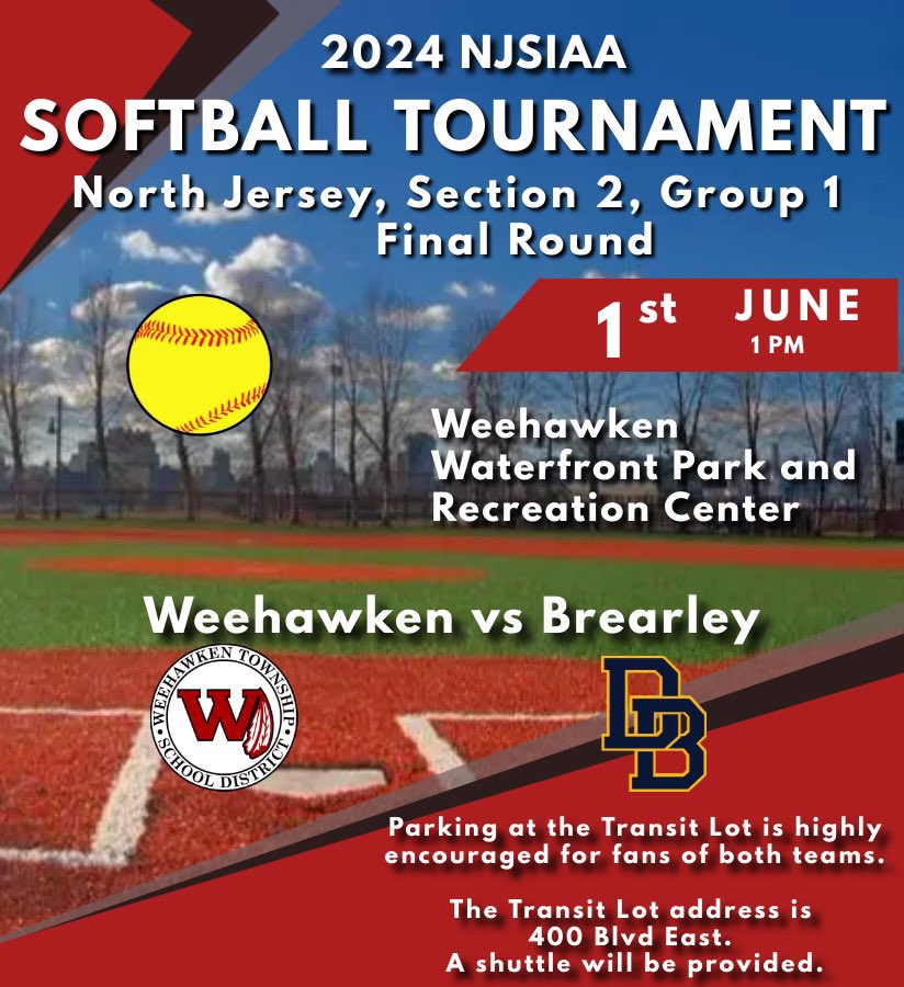 .<a href="/NJSIAA/">NJSIAA</a> NJ, Section 2, Group 1 🥎 FINAL 
Saturday, June 1st
1PM 
<a href="/EricCrespoEDU/">Eric Crespo</a> <a href="/FAmato53/">Francesca Amato</a> <a href="/al_orecchio/">Al Orecchio</a> <a href="/RobFerullo4/">Robert Ferullo</a> <a href="/StefanieCirill1/">Stefanie Cirillo</a>  <a href="/DeStefanoEDU/">Dr. Nicholas J. DeStefano</a> <a href="/MrsCullinane/">Jacqueline Cullinane</a> <a href="/bcalligy/">Brian Calligy</a> <a href="/BriannaReganEDU/">Brianna Regan</a> <a href="/gioahmad/">Gio Ahmad</a> <a href="/WHSAthletics53/">Brian Fischer</a> <a href="/WHS__Volleyball/">Weehawken Volleyball/Softball</a> <a href="/WHS_ATC/">Weehawken Athletic Training</a> <a href="/VarsityAces/">Varsity Aces</a>