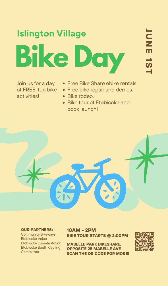 Kick off #bikemonth with a bang, where else but in Etobicoke! Saturday

10am-2pm: BIKE DAY-Mabelle Park @BikeShareTO
2pm: bike ride along Etobicoke bikeroutes, start @ 25 Mabelle 
3:30pm: if not on ride, meet @NovelSpotBooks
for Etobicoke launch of Wheeling thru Toronto,
@utpress