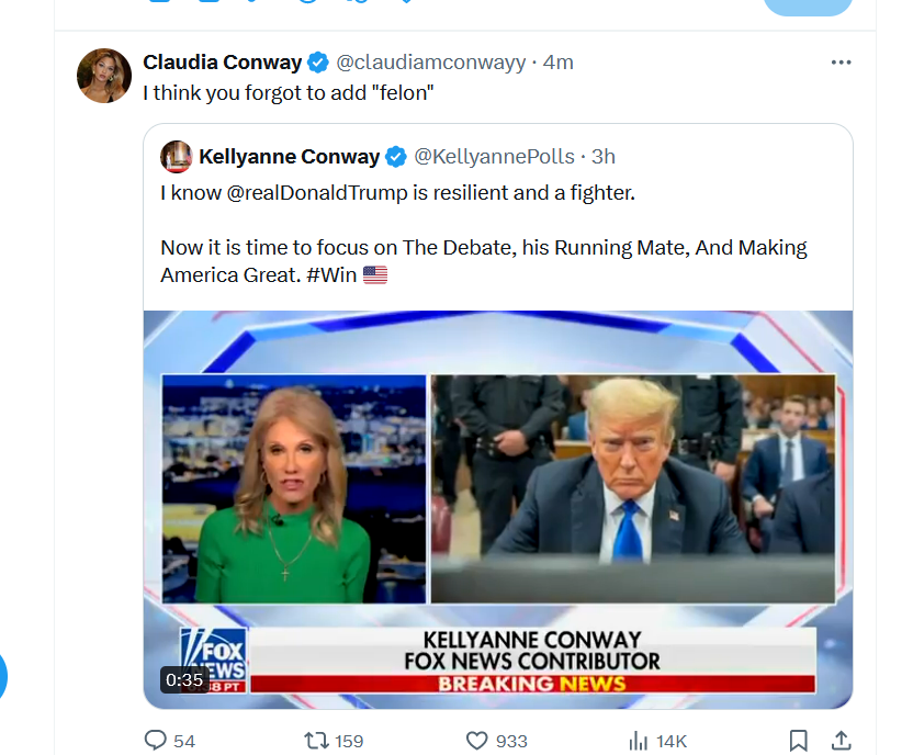 I'm getting a little too much pleasure out of seeing Kellyanne 'alternative facts' Conway getting publicly dragged by her own family.