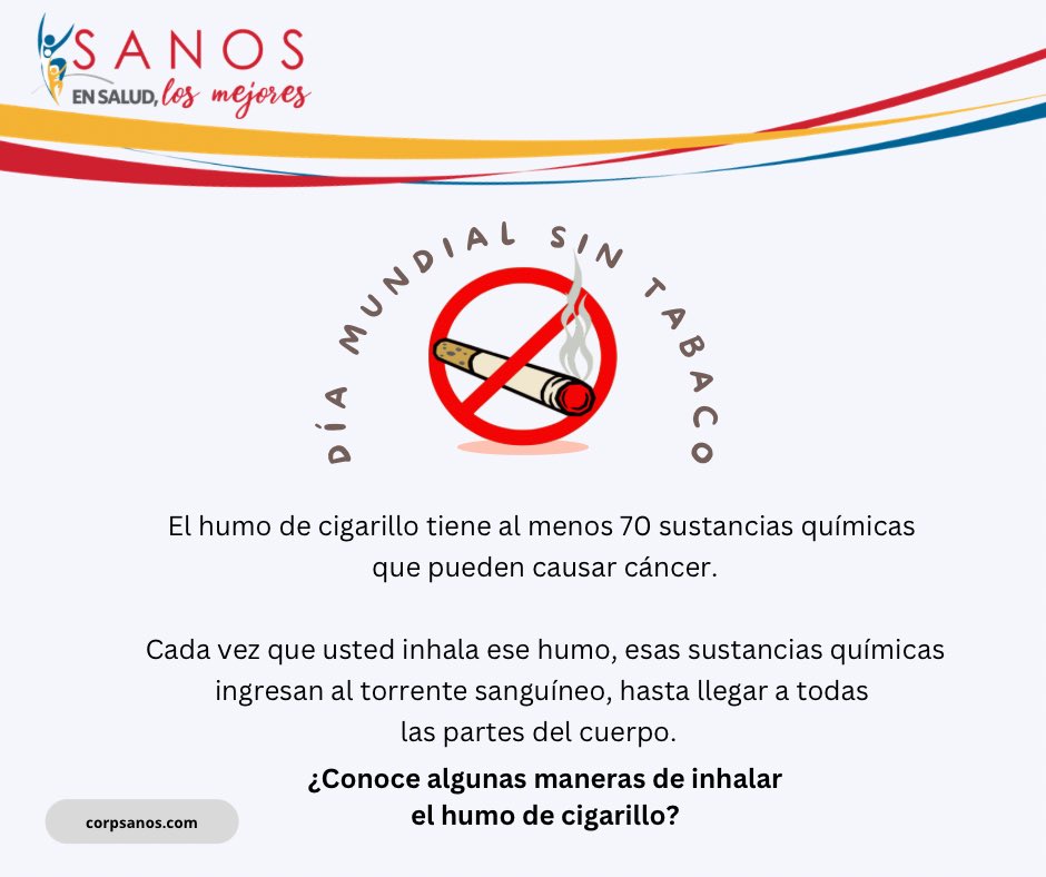CorpSANOS's tweet photo. Hoy, 31 de mayo, se conmemora el Día Mundial Sin Tabaco. Esto, con el propósito de resaltar la importancia de la lucha contra el tabaquismo, la principal causa de muerte prevenible a nivel mundial. https://t.co/XE8Nqjhk0G