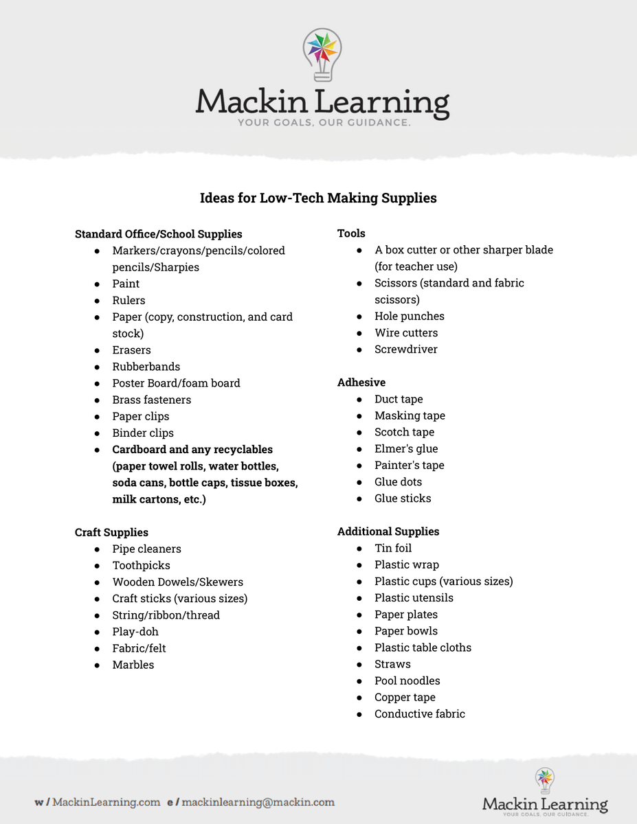 MackinMaker's tweet photo. Interested in starting with more low-tech materials that you likely already have available in your building? @MackinLearning has a resource on their Tools for #Teachers page called "Consumable Making Supplies" that lists useful low-tech materials. 🤖 #STEM
https://t.co/0WRDtIOnzt https://t.co/ZI8XtW5OFs
