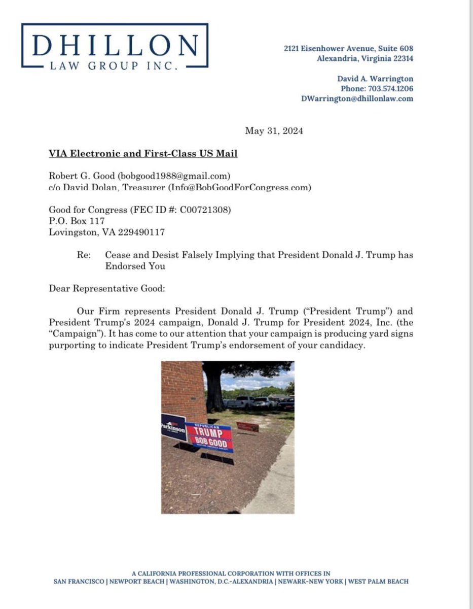 NEWS: Trump campaign sent a cease and desist letter to @RepBobGood campaign asking him to stop displaying and producing campaign materials that look like Trump supports him.

Trump endorsed Good’s primary challenger John McGuire this week.