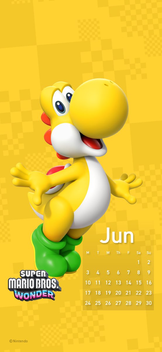 Flutter your way into June with the latest #SuperMarioBrosWonder calendar wallpaper for your smartphone, this month featuring Yellow Yoshi!