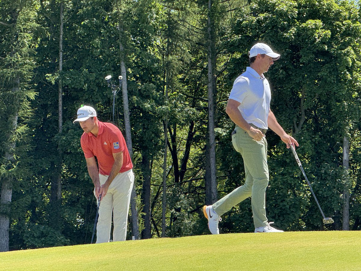 Massive crowd following this group. 2022 Canadian Open champion Rory McIlroy and last year’s Canadian Open champion Nick Taylor on the green here at the 5th. Crowds starting to build at the Hamilton Golf and Country Club.