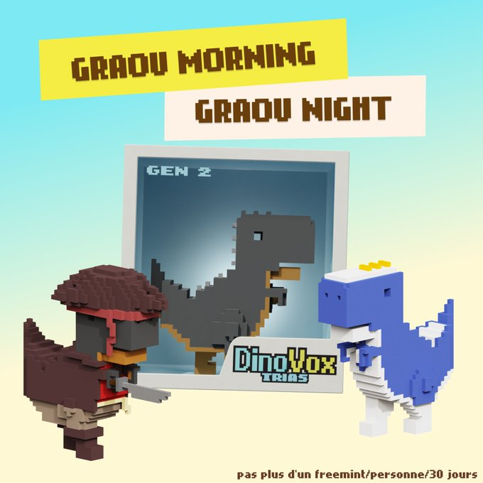 TheDinoVox's tweet photo. GRAOU MORNING - GRAOU NIGHT - DAY 6

1 #freemint à gagner tous les jours avant TRIAS !

Règles ultra-simples :    

1. Commente GRAOU MORNING ou GRAOU NIGHT sous ce post      
2. RT !        

TAS à 20h chaque jour -  1 freemint/personne max durant l'opé    

LET'S GRAOU ! 🦖 https://t.co/c4C2OBL4zj
