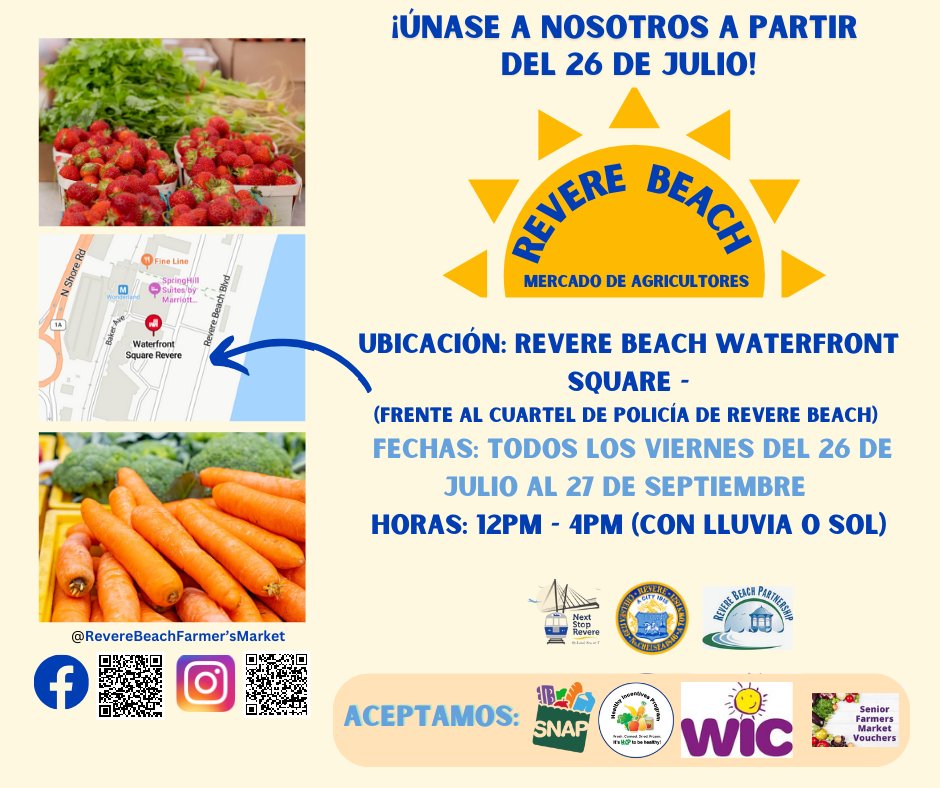 The Revere Beach Farmer's Market will be kicking off its season on July 26th! Explore an array of local vendors offering fresh produce, unique crafts, and delicious foods.
Instagram: Revere Beach Farmer's Market
Facebook: Revere Beach Farmer's Market