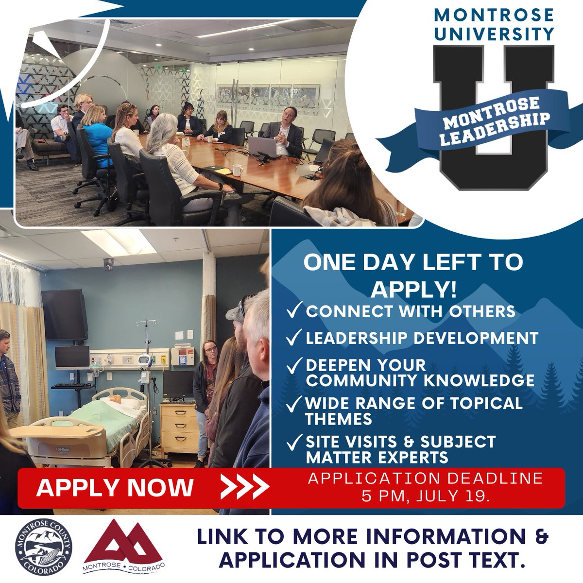 You have just one day left to apply for the 2024/25 cohort of Montrose U!
Applications are due by July 19, 2024, at 5pm.
Classes start on August 16, 2024.
Find out more and apply: CityofMontrose.org/Leadership
