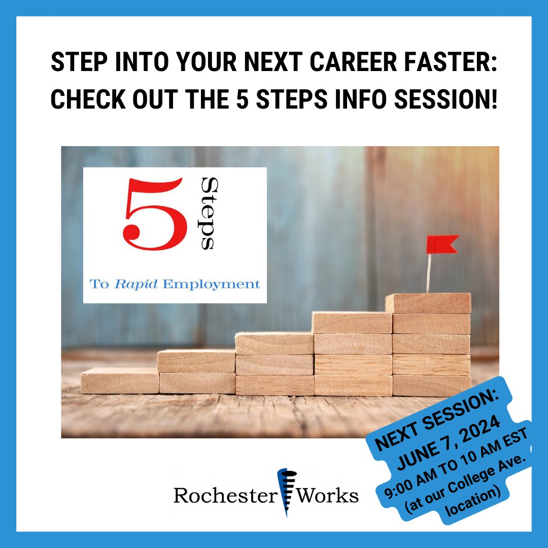 ONE WEEK FROM TODAY! Learn about this successful program! Attend our hour-long 5 Steps to Rapid Employment Info Session on 6/7/24 at 9 a.m. to see if the 5 Steps program is a good fit for you! 

Register here: 5st607.eventbrite.com