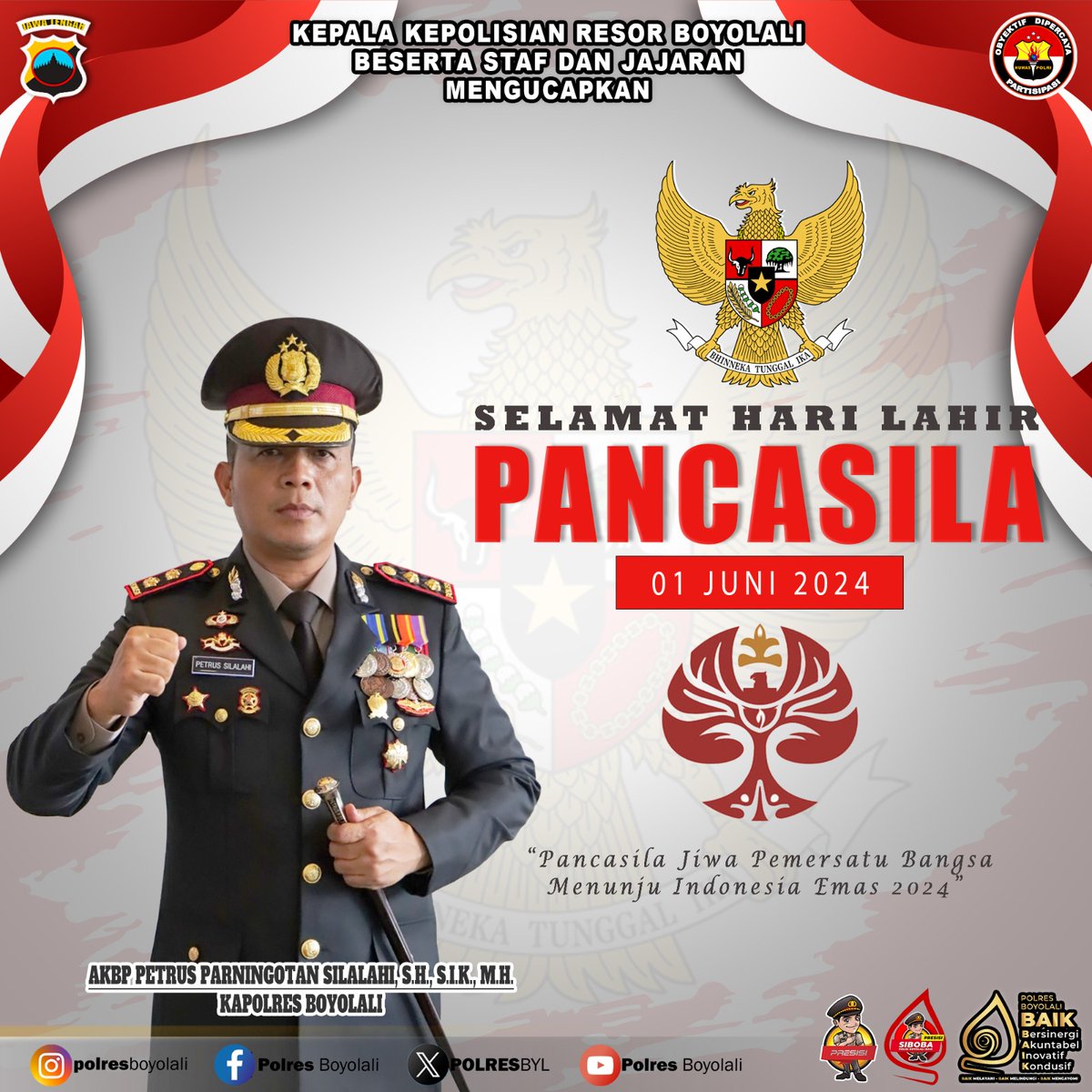 POLRESBYL's tweet photo. KEPALA KEPOLISIAN RESOR BOYOLALI BESERTA STAF DAN JAJARAN
Mengucapkan

SELAMAT HARI LAHIR PANCASILA
1 JUNI 2024

#kapolresboyolali 
#stafjajaranpolresboyolali
#selamatharilahirpancasila 
#pemersatubangsa
#indonesiaemas 
#polresboyolalibaik 
#polripresisi https://t.co/XCKsy6YmcO