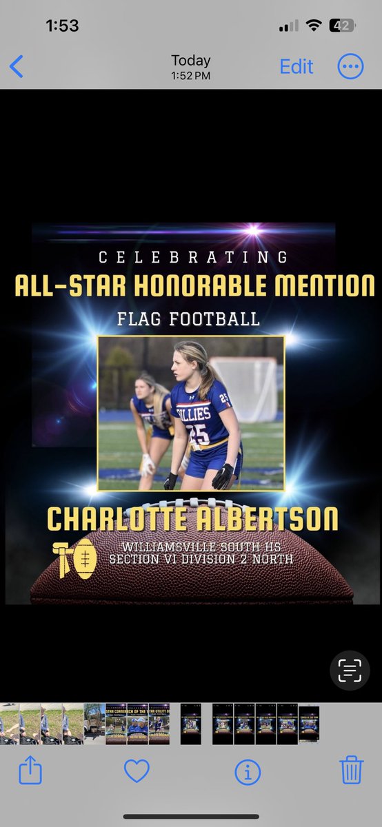 Congratulations to Charlotte Albertson for being named an Honorable Mention All-Star at cornerback.

On defense Charlotte had 54 flag pulls, 9 passes defensed, and one interception.

On offense Charlotte had 4 receptions for 61 yards and a TD.