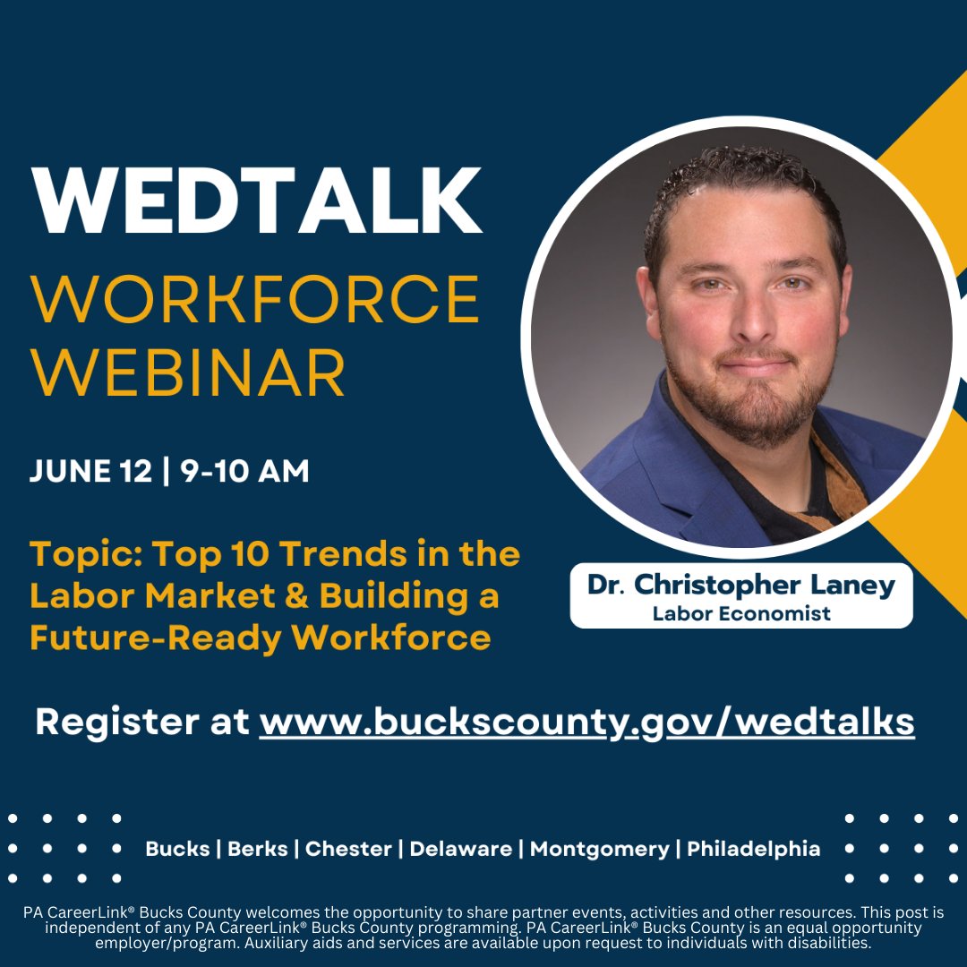 📢Register for this virtual #WEDTalk on labor market trends and building a future-ready workforce! 🚀

Gain insights from industry expert Dr. Christopher Laney and learn how to adapt your skills for tomorrow's job market.

Register now at www.buckscounty.gpv/wedtalks