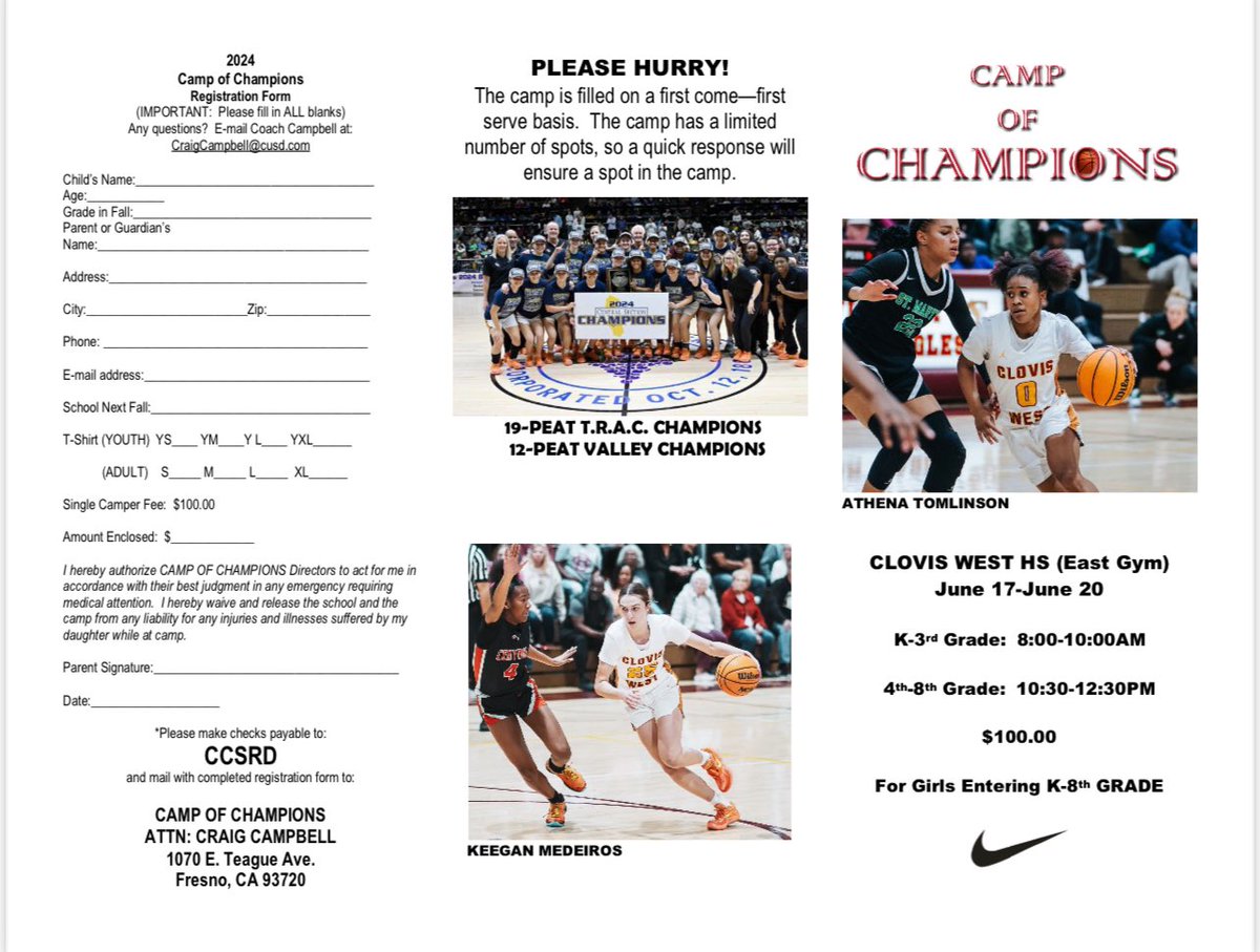 CWGirlsBball's tweet photo. CWGBB’S NIKE CAMP OF CHAMPIONS
IS ONLY 3 WEEKS AWAY!
🔥 🔥 🔥

June 17-20

Open to all girls entering grades K-8th
Don’t miss out on getting your daughter signed up
for the largest and longest running girls basketball 
camp in the Central Valley! https://t.co/Cgno8kefBm