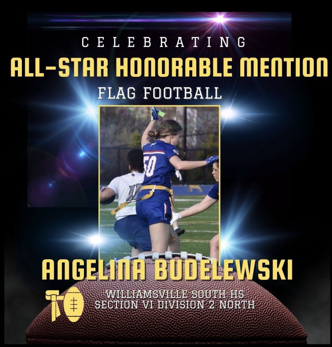 Congratulations to defensive lineman/Linebacker Angelina Budelewski for being named an Honorable Mention All-Star. 

Angelina led the team in flag pulls with 59, had 19 passes defensed, and 2 interceptions.