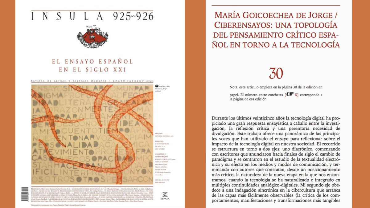 Leo «Ciberensayos: una topología del pensamiento crítico español en torno a la tecnología» de María Goicoechea de Jorge en el monográfico: El ensayo español en el siglo XXI, Ínsula, n° 925-26, ene-feb 2024. Vía: insula.es, está en Apple Books, Google Play y  Kindle.