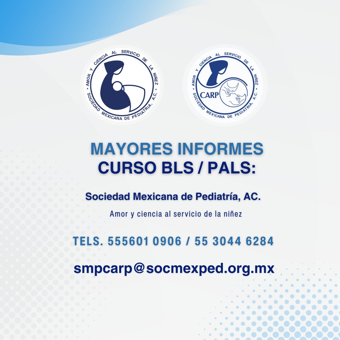 🔎¿Buscando la mejor capacitación para inscribirte al curso BLS / PALS?
🎯 🗓22 y 23 de Junio 2024.
🌟 Inscripción:
socmexped.org/programa-acade…
Más info.
📩 smpcarp@socmexped.org.mx
Tels. 555601 0906 / 55 3044 6284
#sociedadmexicanadepediatría #personaldesalud #cursobls #cursopals