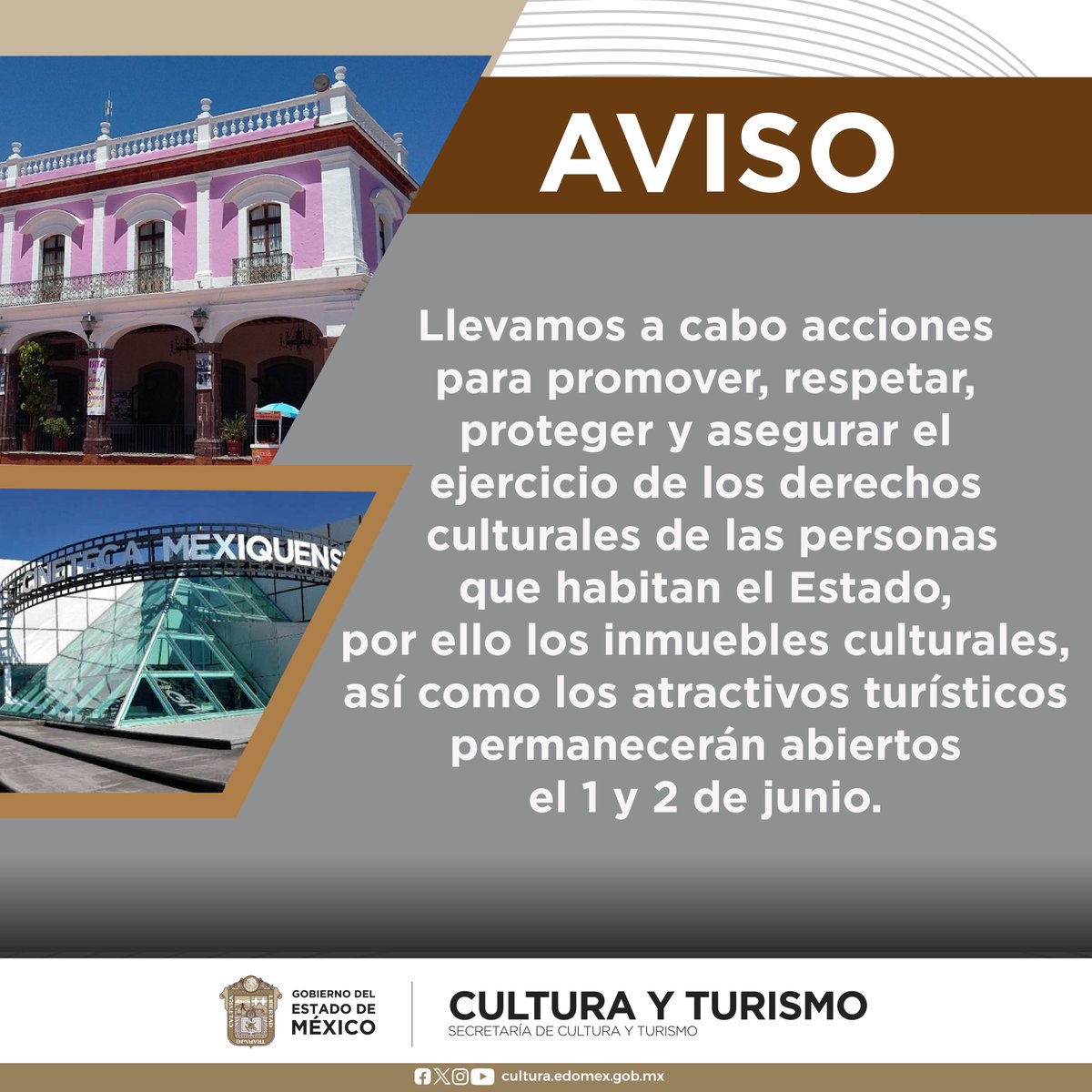 Invitamos a las familias mexiquenses a visitar nuestros Museos, Centros Regionales de Cultura, Casas de Cultura, Bibliotecas y atractivos turísticos este 1 y 2 de junio, al tiempo que les pedimos, en todo momento, respetar el proceso electoral y disfrutar de la cultura.