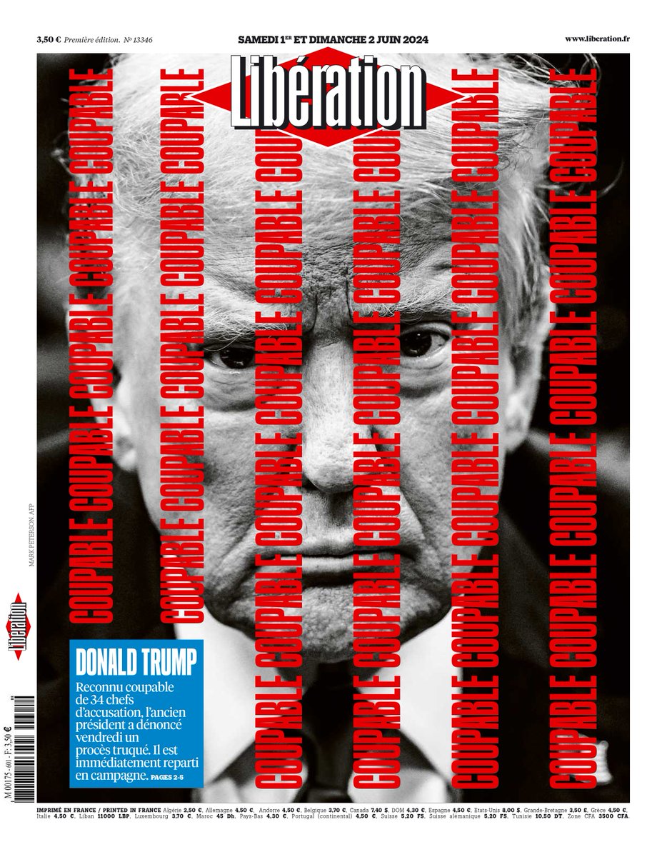 🗞️ «Donald Trump : coupable, coupable, coupable»

Voici la une de Libération ce week-end.

Lire : journal.liberation.fr