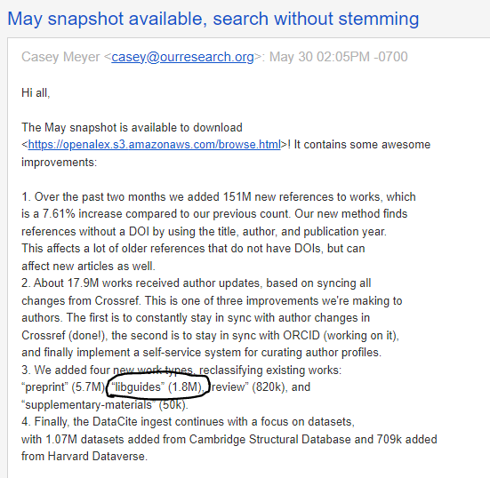eschares's tweet photo. Good to see that based on feedback that I (and I'm sure many others) gave to @OpenAlex_org , a new document type of "libguide" has been added to the data structure. Was previously grouped in the "article" type.
I've found the team to be v responsive and appreciative of feedback! https://t.co/IYNou9dtuB