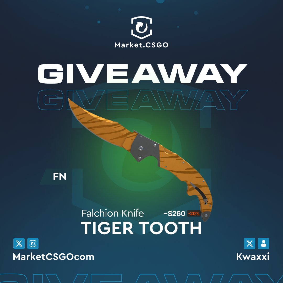 kwaxxi's tweet photo. 🎉 CS:GO GIVEAWAY 🎉

🎁 Falchion Knife | Tiger Tooth (FN) 🎁

To enter:
- RT 🔁
- Follow @marketcsgo 

⏱️ Ends in 7 days! ⏱️ https://t.co/Cl2g08uwqC