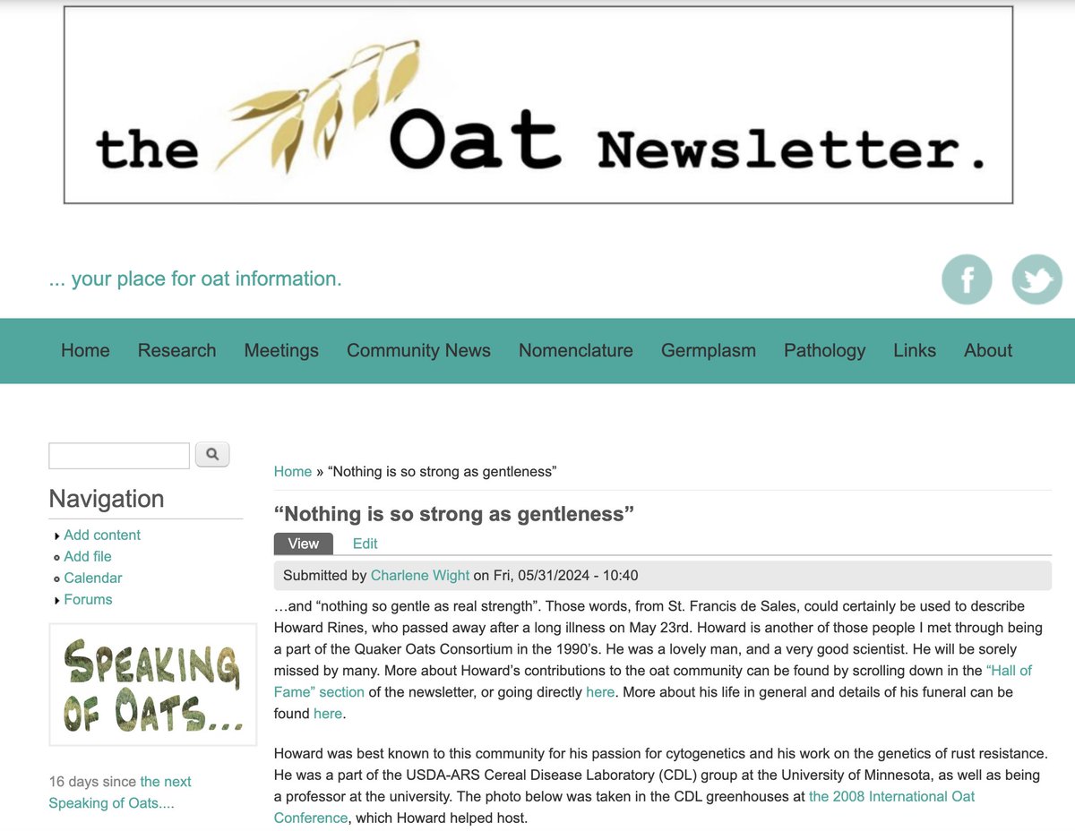 The #Oat Newsletter has been updated! oatnews.org/node/1155 The news this time is sombre, as Howard Rines, USDA-ARS scientist at the University of Minnesota, has passed away. This update also includes more about the American Oat Workers' Conference, so please take a look. #oats