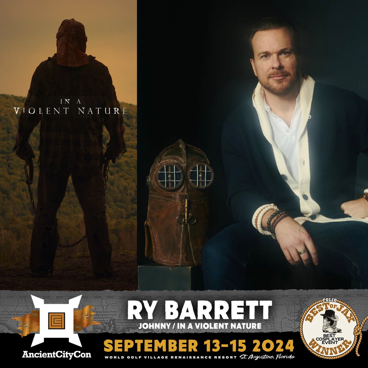 Ancient City Con welcomes Ry Barrett the star of the new horror film IN A VIOLENT NATURE to the show in his first-booked con appearance in the US!

Meet Ry at Ancient City Con 2024! Tickets and hotel packages and special rates on sale now on our web site. ancientcitycon.com