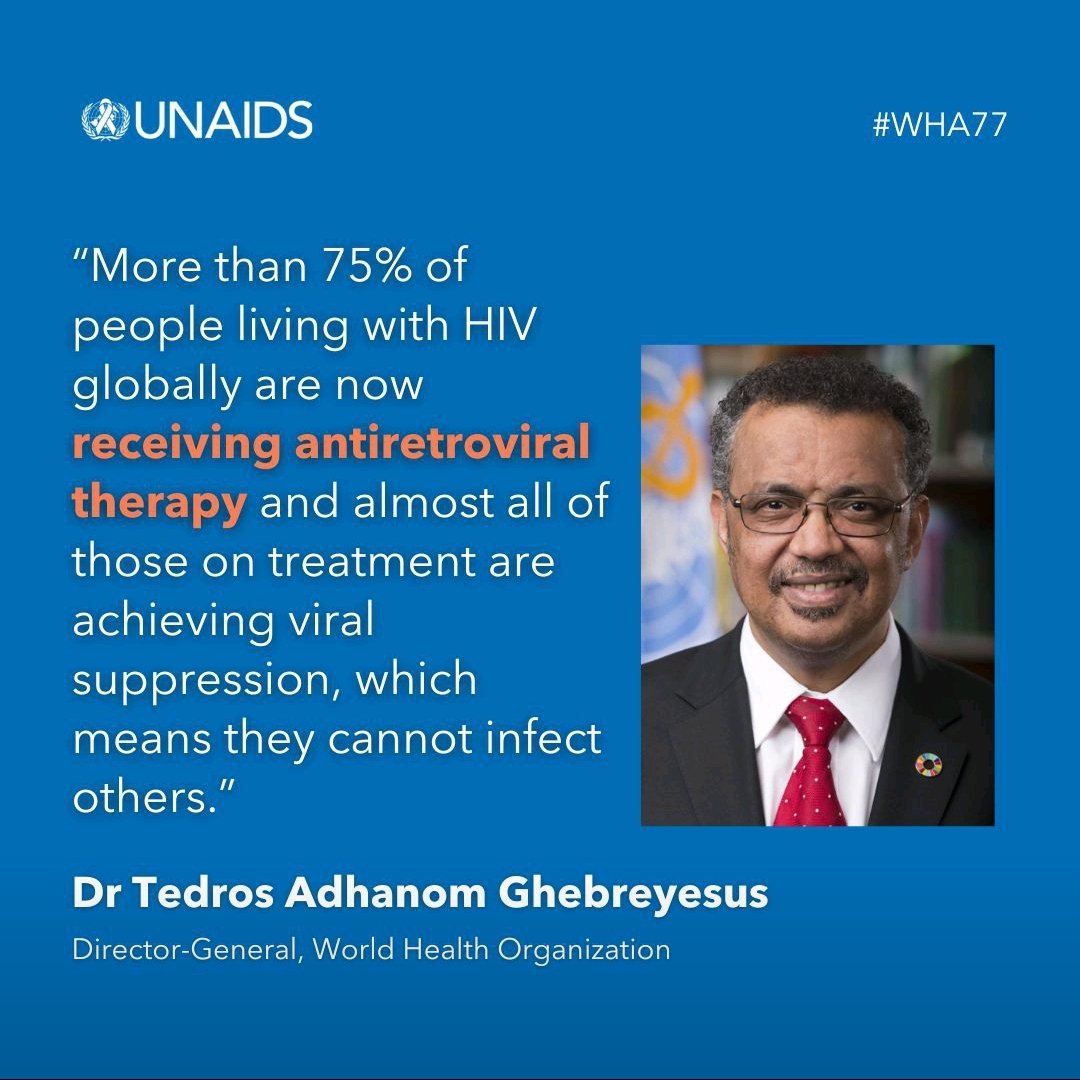 #WHA77 @DrTedros Assures the world that efforts towards ending #AIDS as a global health challenge are near sight. Member States have agreed on resolution on social participation in national health planning & implementation which aims to tackle health inequities.👏@subpharmacist