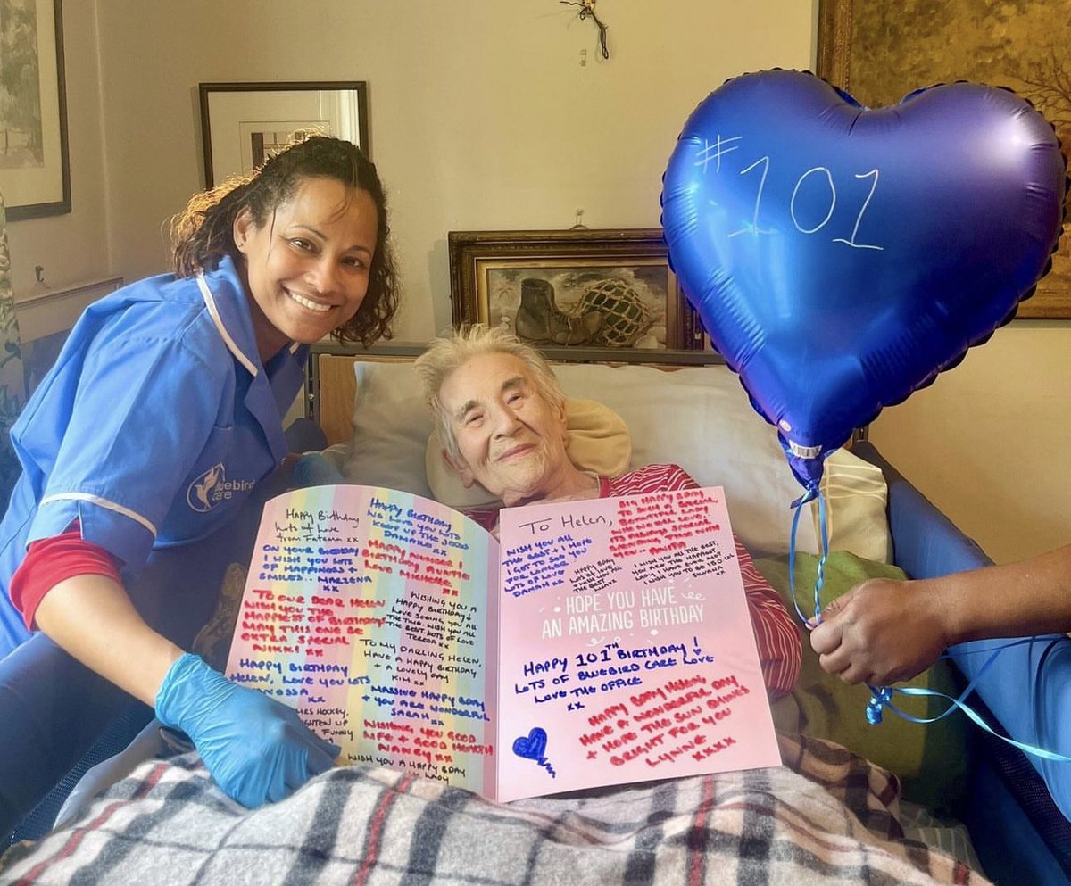 CareMerton's tweet photo. Happy 101st Birthday Helen. Such a charming &amp; funny lady with many stories to tell. Helen celebrated her birthday in her own home thanks to Bluebird Care Merton 💙 https://t.co/Ws1ZmbsFlz