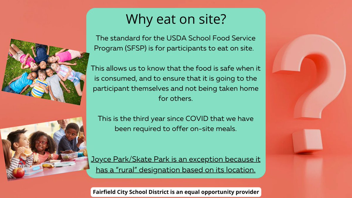 FCSDNews's tweet photo. FCSD Summer Food Service is back!  Mondays-Thursdays 11A - 1P June 3 through July 25. Joyce Park will have grab-n-go meals, while Fairfield Lane Library &amp; Jungle Jim's will have traditional on-site food service where students must eat before leaving. See flyers⬇️for more details. https://t.co/fw1FcPkd2c