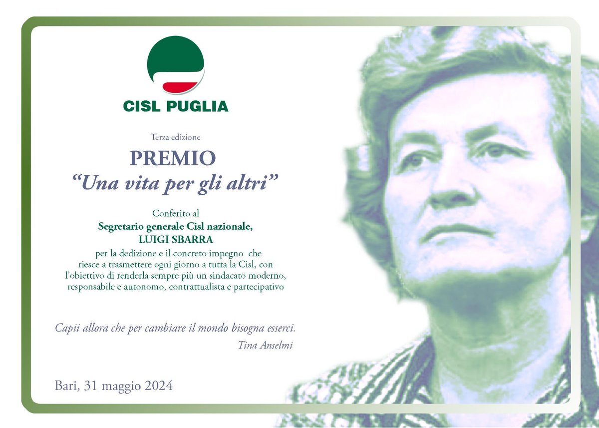 Dalla #CislPuglia conferito a #LuigiSbarra il Premio Tina Anselmi, per 'la dedizione e il concreto impegno che riesce a trasmettere ogni giorno a tutta la Cisl, con l’obiettivo di renderla sempre più un sindacato moderno, responsabile e autonomo, contrattualista e partecipativo'