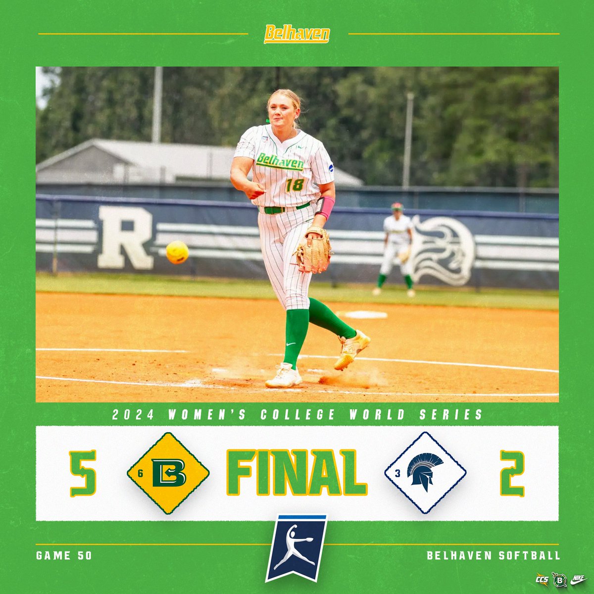 BelhavenBlazers's tweet photo. @BelhavenSB_ SB | FINAL | BEL 5, CWRU 2

BLAZERS WIN

Kennedy Carruth one-hits the Spartans to lead Belhaven to an opening-round win over Case Western Reserve

The Blazers advance to the Winner's Bracket Game against ETBU tentatively scheduled for 5 PM today

#GoGreen | #d3sb | @BelhavenSB_ https://t.co/KVM4J4CPhc