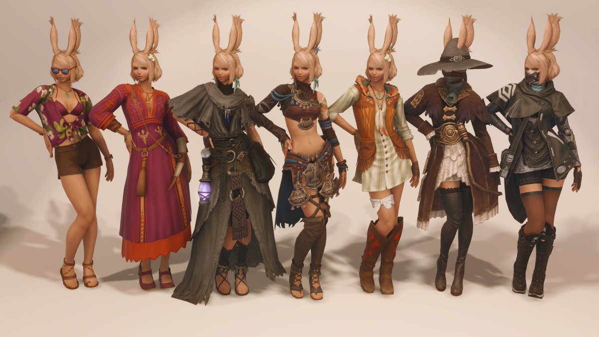 All of Sari's glams for Dawntrail! One for each of the known regions!🥰All vanilla, all healer universal! I spent way to long on these, and their respective glam macros/portraits.😅