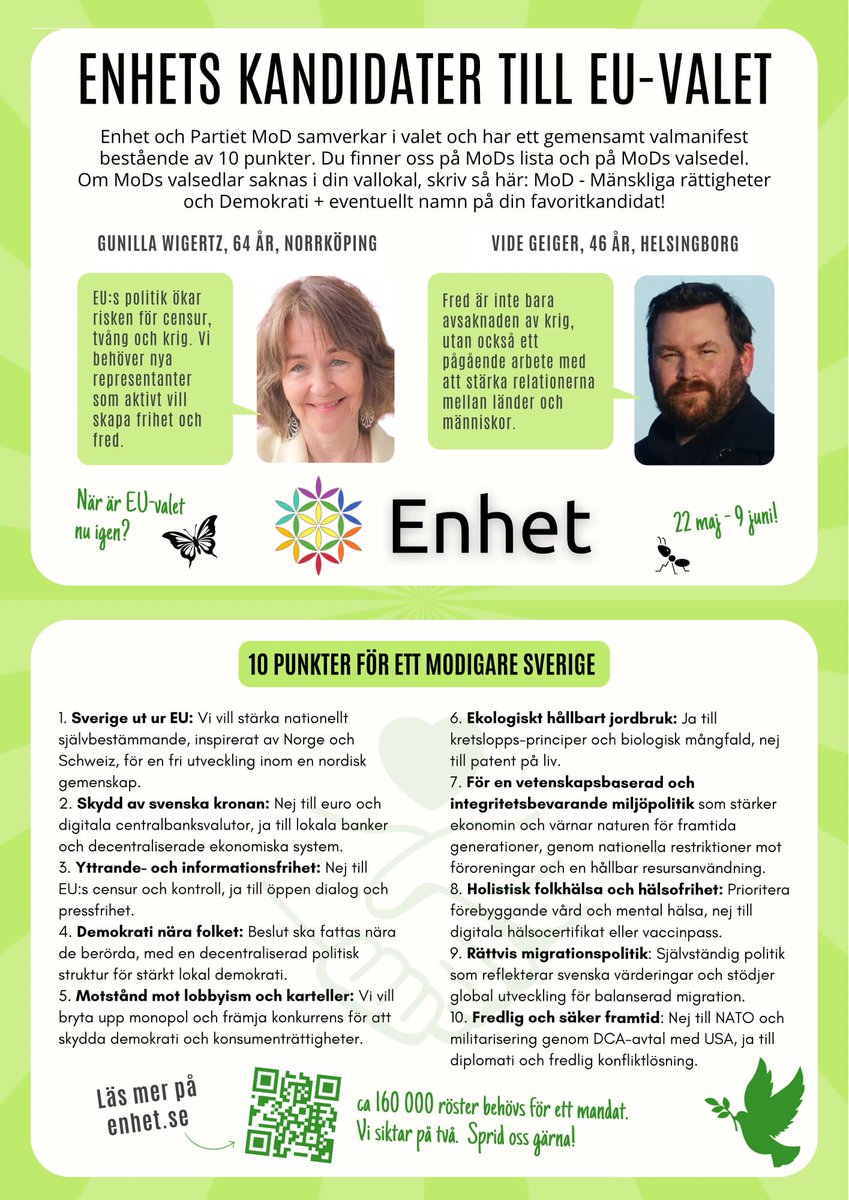 PartietEnhet's tweet photo. 🙏 Du vet väl att Enhet och Partiet MoD samverkar och att Enhets kandidater står på Mods valsedel?!

För att rösta på Enhet kryssa för antingen Vide Geiger eller Gunilla Wigertz.

Hjärtevarmt tack för din eventuella röst!

#euval #enhet #mod https://t.co/wt45vTUpww