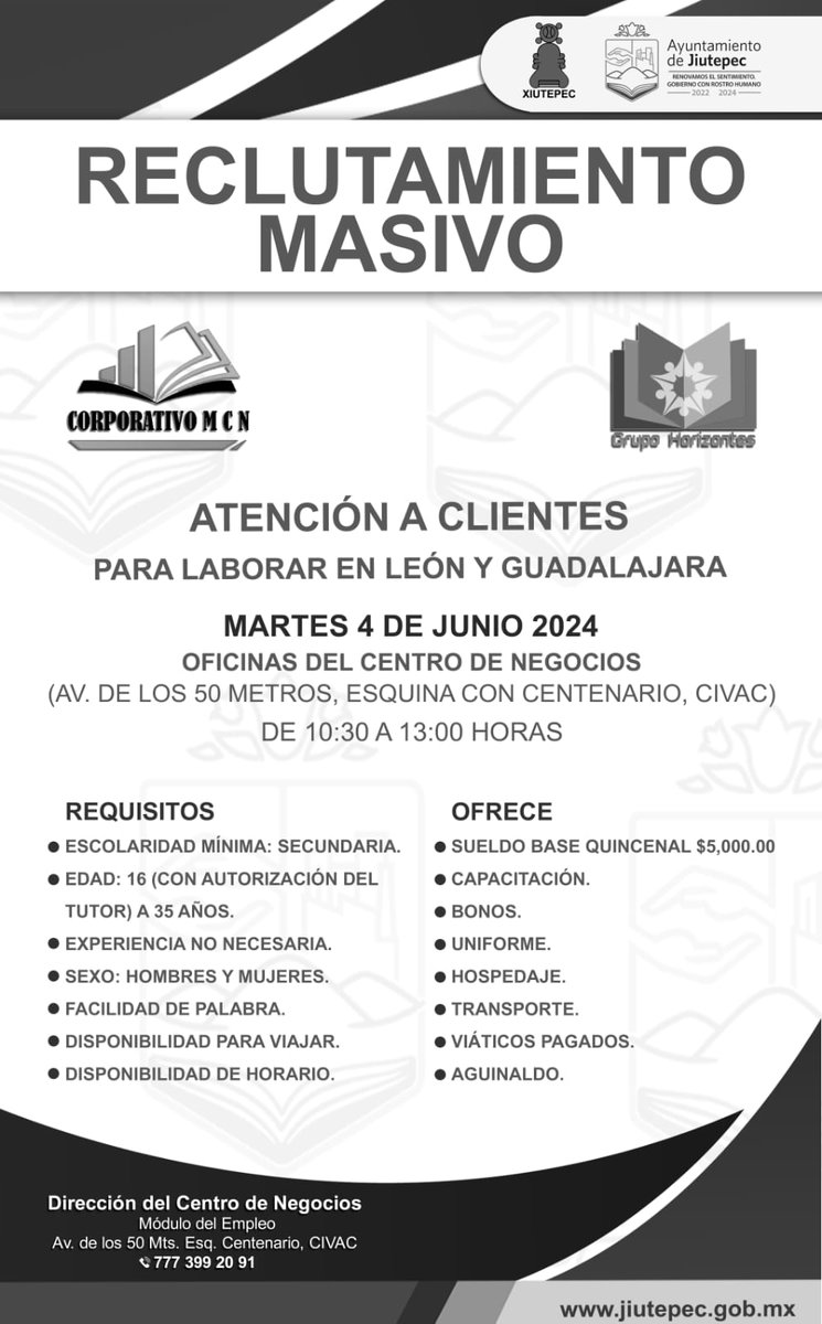 #Empleos

Te invitamos al reclutamiento masivo para ocupar una plaza de atención a clientes, para laborar en León y Guadalajara.

Acude este martes cuatro de junio al Centro de Negocios de #Jiutepec, de las 10:30 a las 13:00 horas.

Más informes en el: ☎️ 777-399-20-91.