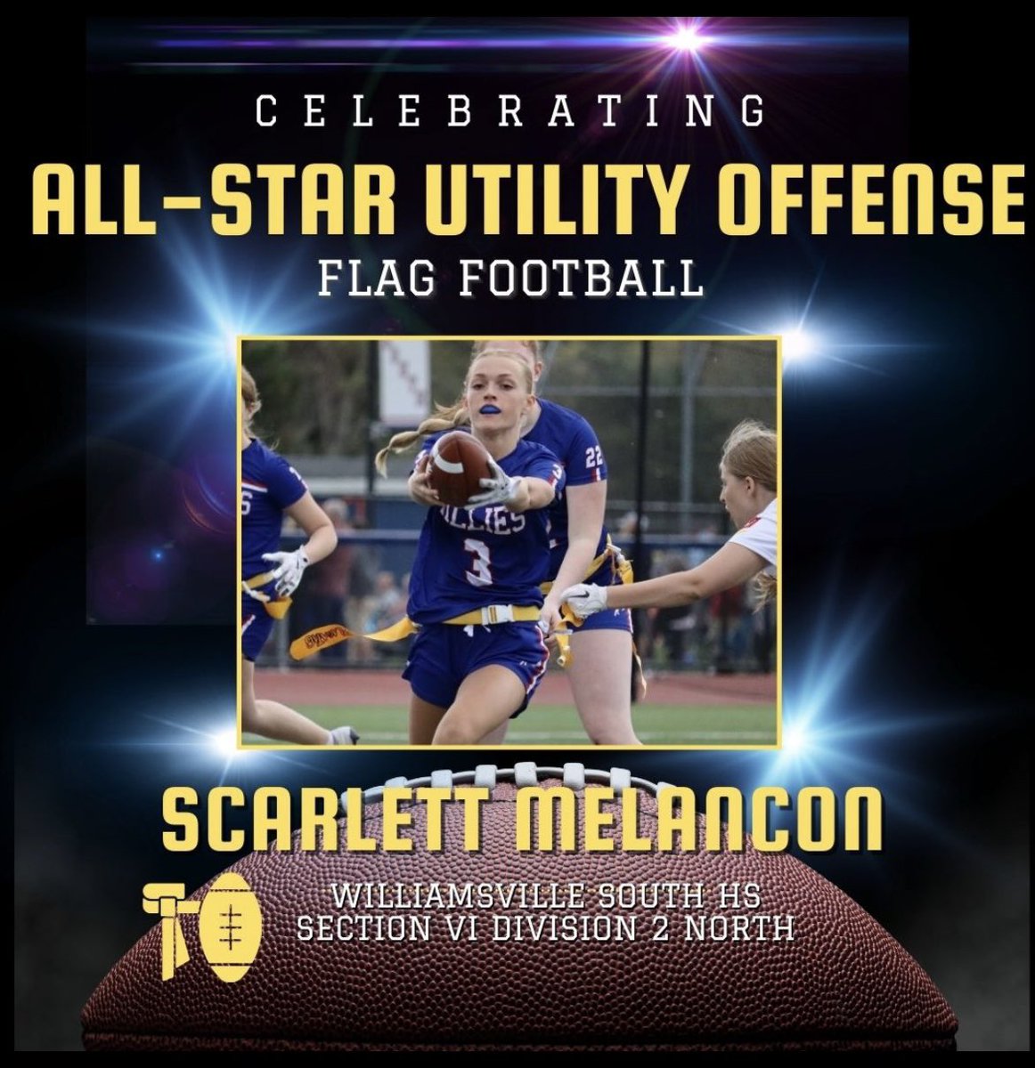 Congratulations to All-Star Utility Offensive Player Scarlett Melancon.  

Playing both RB and QB this season Melancon put up remarkable stats:
Passing: 112/158 (71%) 1091 yards and 16TDs
Rushing: 161 carries for 1041 yards and 16 TDs
Defense: 53 flag pulls &amp; 3 INT
1 punt ret. TD