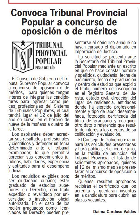 TPP_Pinar's tweet photo. Ya está hoy viernes, en nuestro @Periódico Guerrillero, en su edición impresa,  la Convocatoria al Concurso de Oposición o de Méritos. Así que ya sabe, si es amante de la justicia, lo esperamos. Somos una gran familia. #SePuedeMuchoJuntos @RubenRemigioCU @LiosbelG @TSupremoCU https://t.co/PVO5YXYpK7