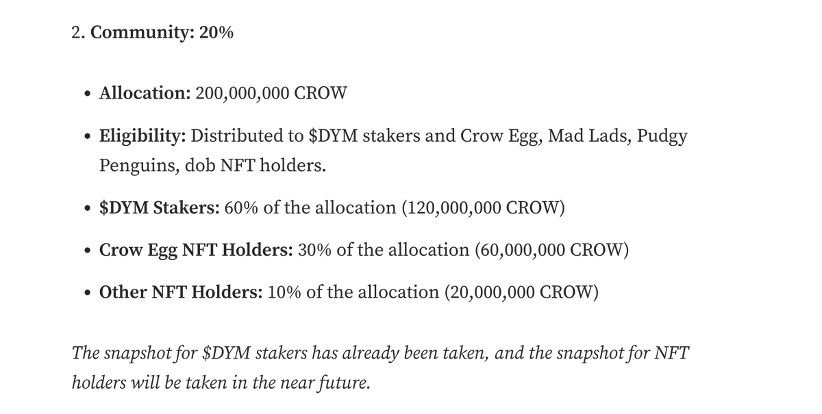 AIMNM_'s tweet photo. $CROW AIRDROP UPDATE 🪂

@crownetworkxyz is the first play-to-earn (P2E) game built on @Dymension.

20% of the total supply will be airdropped! 🎉

Fully unlock at TGE.

Eligibility:

Distributed to:
🔹 $DYM stakers
🔹 Crow Egg, Mad Lads, Pudgy Penguins, and dob NFT holders

60% of airdrop alloaction goes to $DYM stakers! 💎

The snapshot for $DYM stakers has already been taken. 📸

RoleApp submission will be taking place in the upcoming days on the Dymension forum.

Stay tuned! 🐦‍⬛