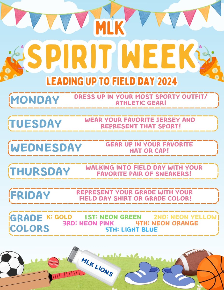 Here’s a peek at next week’s spirit days. We cannot wait to see everyone in their sportiest outfits! #WeAreOneEdison #mlkpride #mlkspirit #bluelions 💙🦁