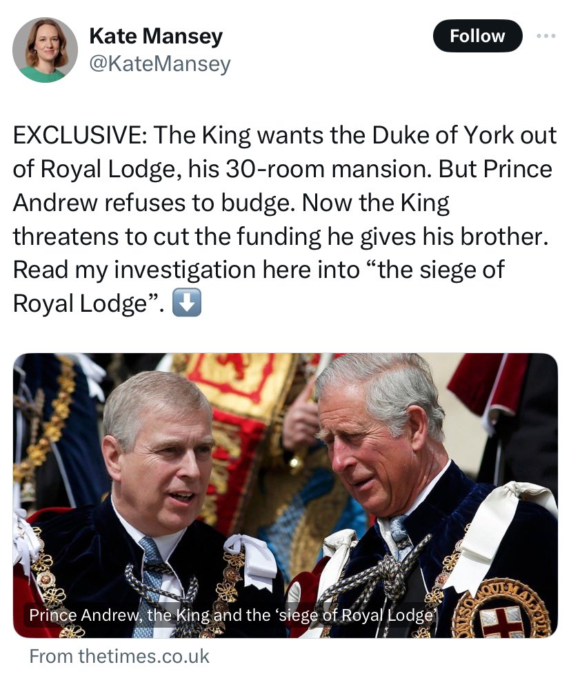 This is how they like their relatives … broke, financially dependent & controllable!😩 To be tossed around on their whim, knowing they have nowhere to go. I’m no fan of Andrew but he has a lease. This is the life Pa & Willy had planned for Harry.

#KingCharlesTheCruel