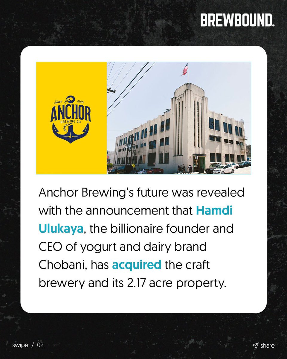 Brewbound's tweet photo. Breaking News🚨Anchor Brewing Acquired by Billionaire Chobani Founder. Read the full story for free at https://t.co/20UGk4BvGM https://t.co/T8RYHIELdl